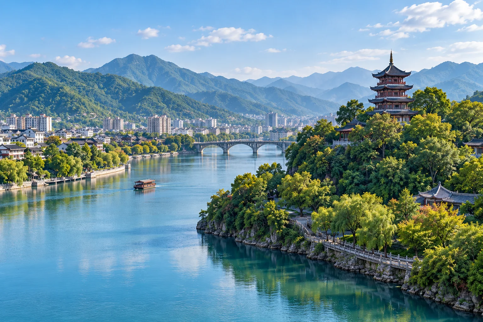绿水青山间的城市风景